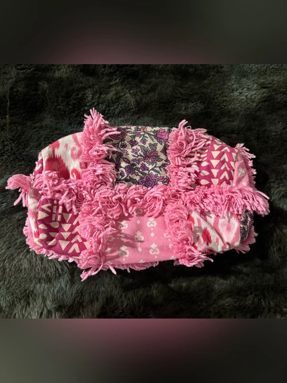 Anthropologie Pink Patchwork Shag Fringe Boho Clutch Bag